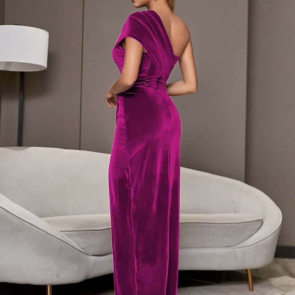 Hot Pink Preppy Womens One Shoulder Split Thigh High Waist Wrap Cocktail Dress - Picture 2 of 5